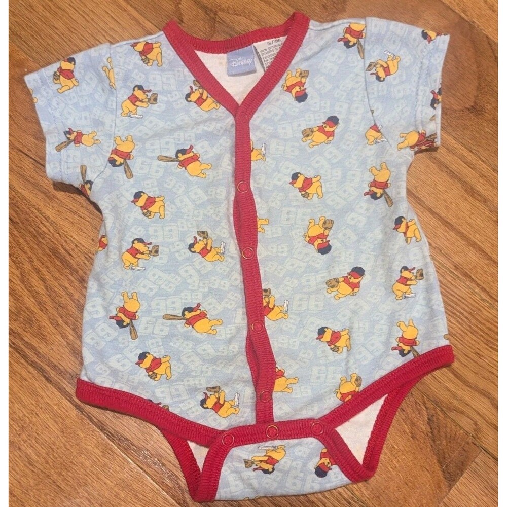 Vintage Disney Winnie The Pooh Baseball One Piece 6-9 months Grey & Red - Picture 3 of 7